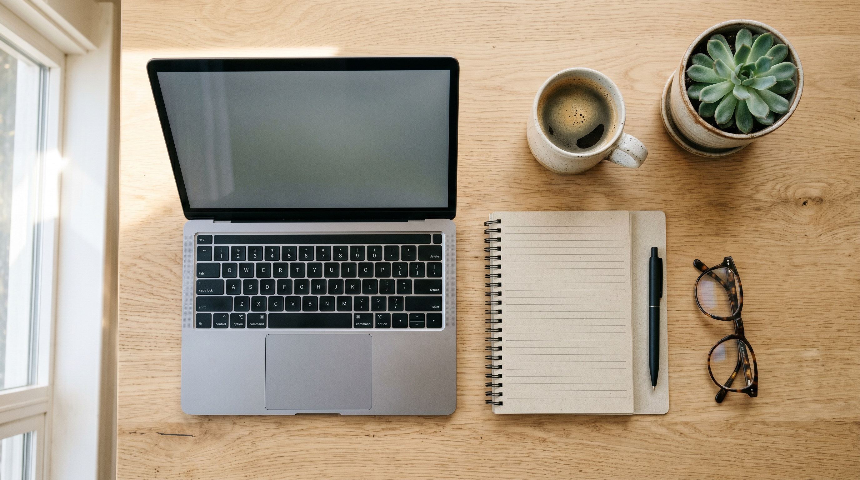 Postazione di lavoro ordinata in casa con portatile, quaderno e caffè